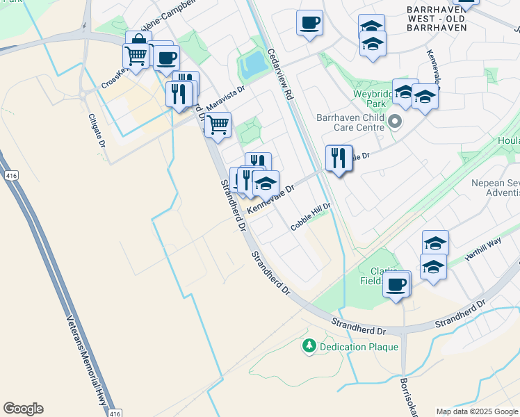 map of restaurants, bars, coffee shops, grocery stores, and more near 217 Kennevale Drive in Ottawa