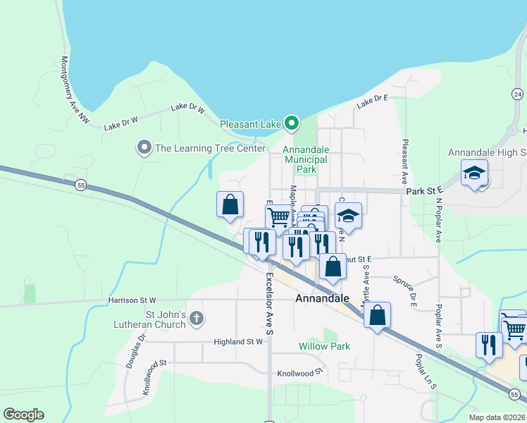 map of restaurants, bars, coffee shops, grocery stores, and more near 250 Excelsior Avenue North in Annandale