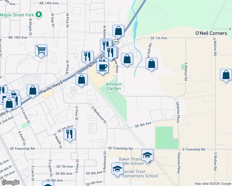 map of restaurants, bars, coffee shops, grocery stores, and more near 259 Sequoia Parkway in Canby
