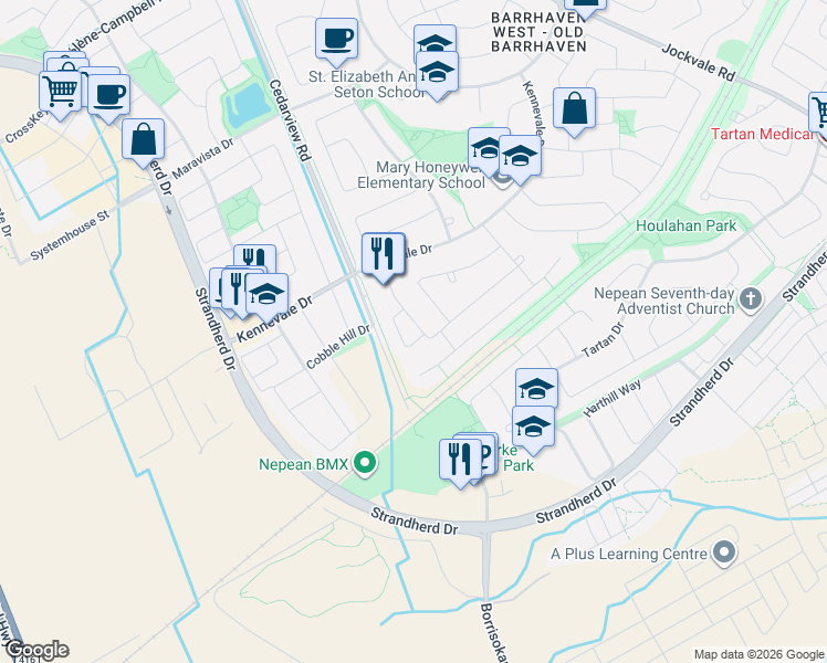 map of restaurants, bars, coffee shops, grocery stores, and more near 63 Armadale Crescent in Ottawa