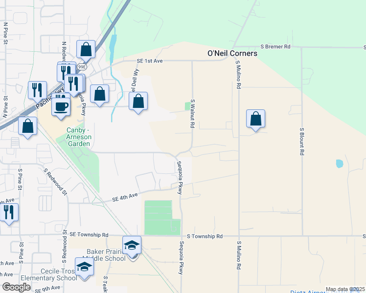 map of restaurants, bars, coffee shops, grocery stores, and more near 386 Sequoia Parkway in Canby