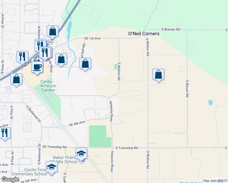 map of restaurants, bars, coffee shops, grocery stores, and more near 386 Sequoia Parkway in Canby
