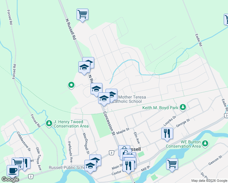 map of restaurants, bars, coffee shops, grocery stores, and more near 15 York Crossing in Russell