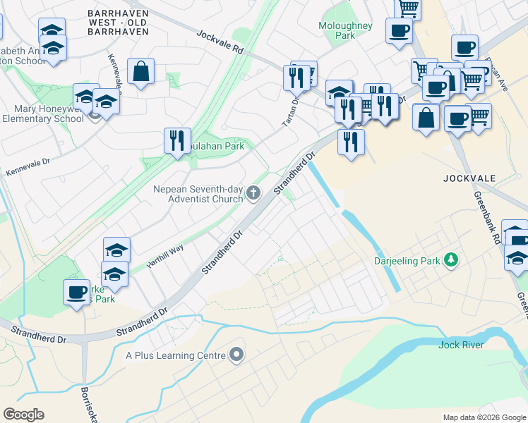 map of restaurants, bars, coffee shops, grocery stores, and more near 3881 Strandherd Drive in Ottawa