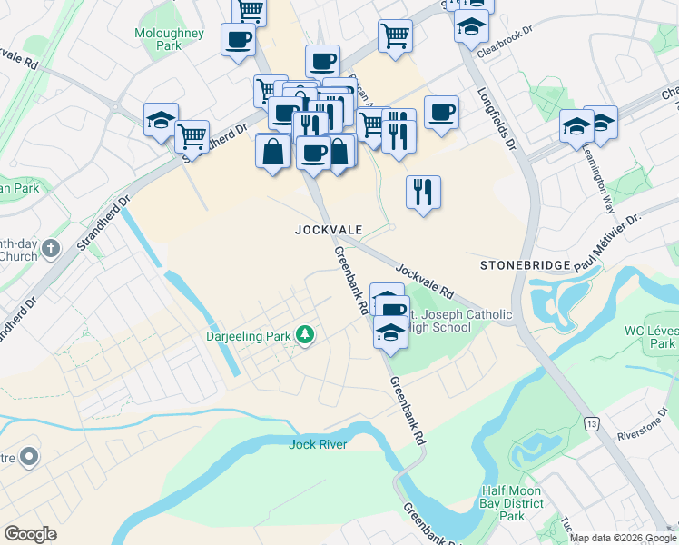 map of restaurants, bars, coffee shops, grocery stores, and more near 3280 Greenbank Road in Ottawa