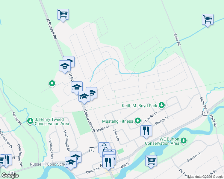 map of restaurants, bars, coffee shops, grocery stores, and more near 16 Settlement Lane in Russell
