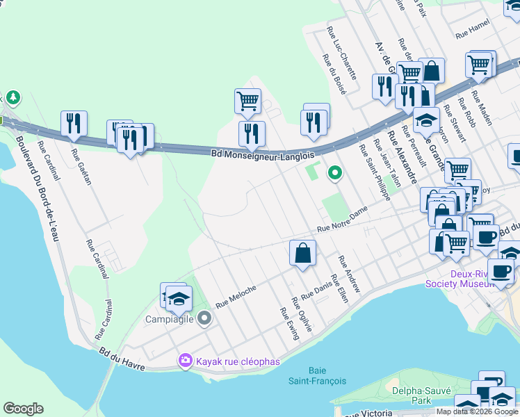 map of restaurants, bars, coffee shops, grocery stores, and more near 157 Rue Donald in Salaberry-de-Valleyfield