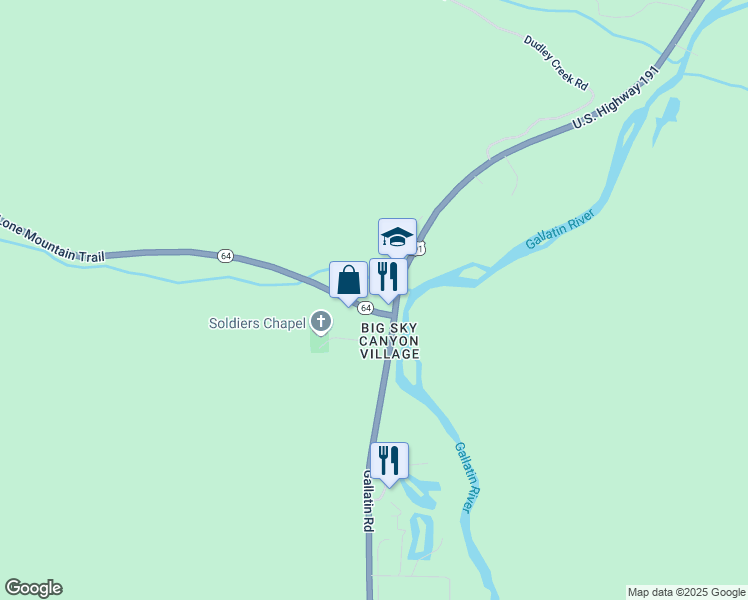 map of restaurants, bars, coffee shops, grocery stores, and more near 57 Lone Mountain Trail in Gallatin Gateway