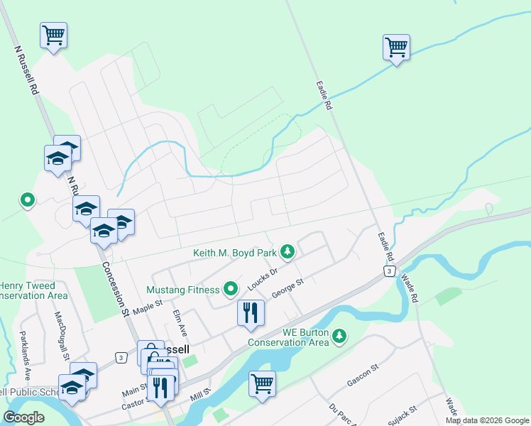 map of restaurants, bars, coffee shops, grocery stores, and more near 110 Pioneer Road in Russell