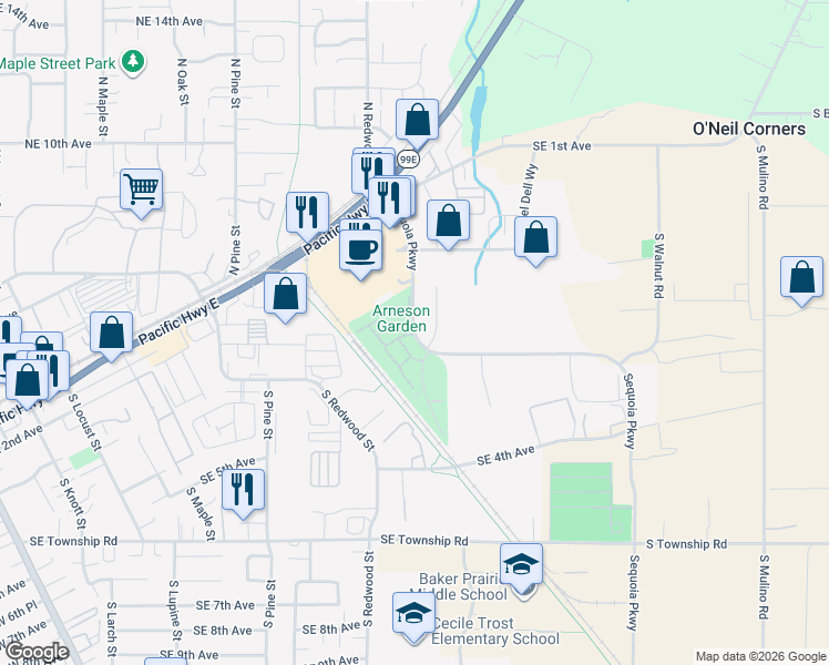 map of restaurants, bars, coffee shops, grocery stores, and more near 235 South Sequoia Parkway in Canby