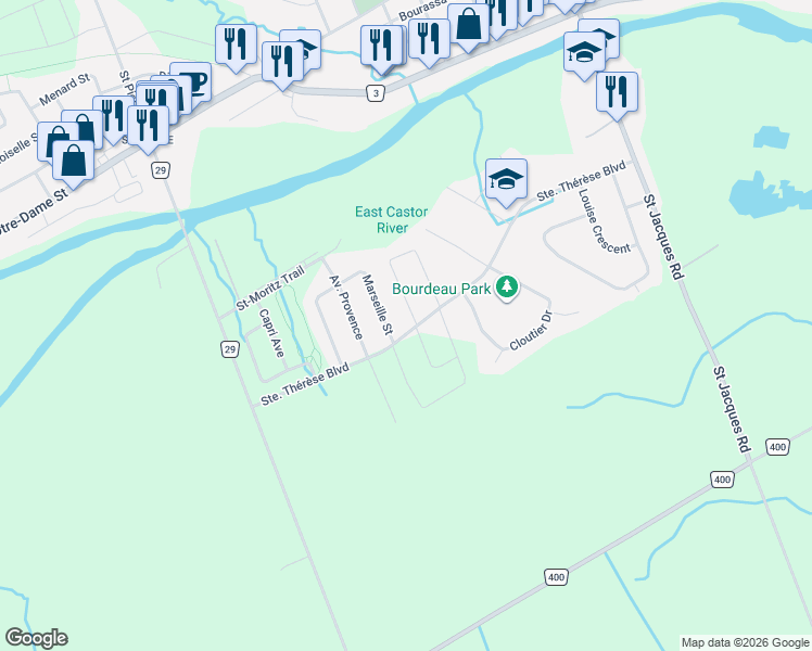 map of restaurants, bars, coffee shops, grocery stores, and more near 537 Marseille Street in Embrun