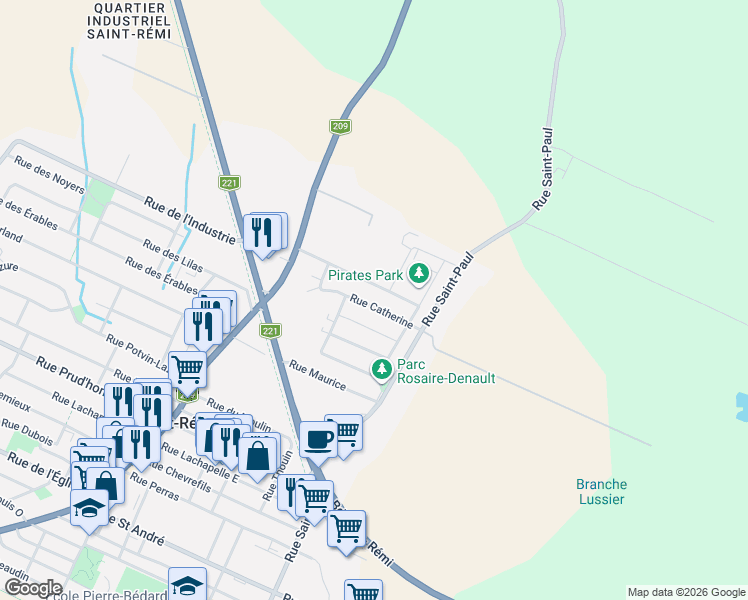 map of restaurants, bars, coffee shops, grocery stores, and more near 121 Rue Catherine in Saint-Rémi