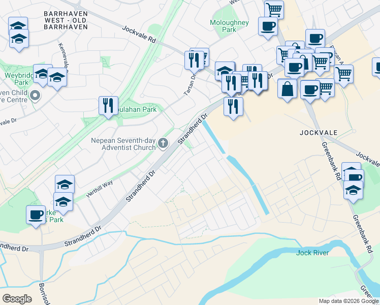 map of restaurants, bars, coffee shops, grocery stores, and more near 2088 Madrid Avenue in Ottawa
