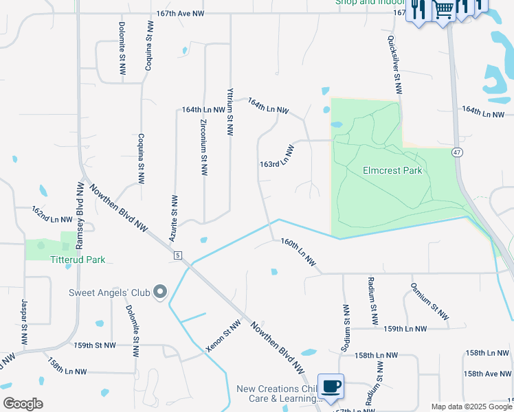 map of restaurants, bars, coffee shops, grocery stores, and more near 16150 Wolfram Street Northwest in Ramsey