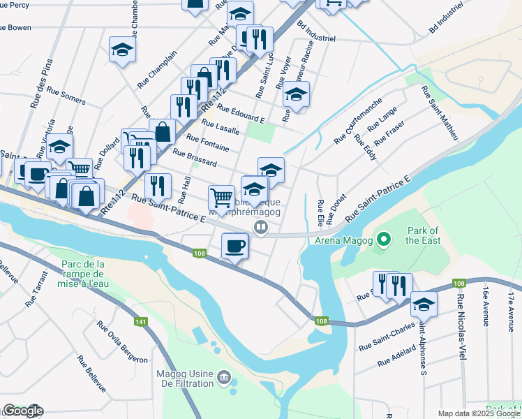map of restaurants, bars, coffee shops, grocery stores, and more near 248 Rue Saint David in Magog