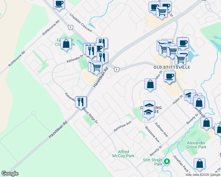map of restaurants, bars, coffee shops, grocery stores, and more near 37 Kyle Avenue in Ottawa