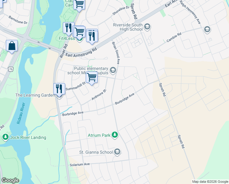 map of restaurants, bars, coffee shops, grocery stores, and more near 754 Brian Good Avenue in Ottawa