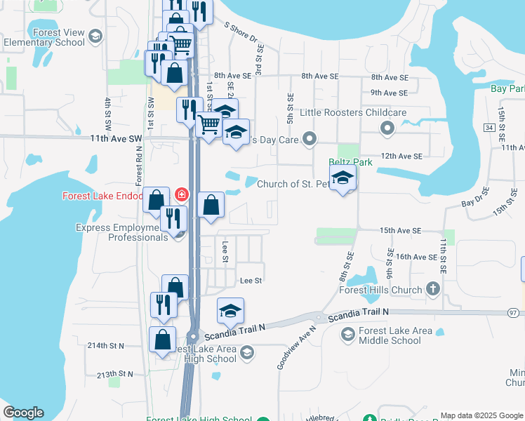 map of restaurants, bars, coffee shops, grocery stores, and more near 1440 4th Street Southeast in Forest Lake