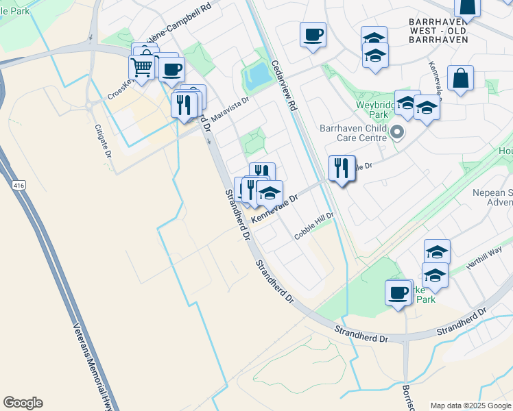 map of restaurants, bars, coffee shops, grocery stores, and more near 200 Kennevale Drive in Ottawa