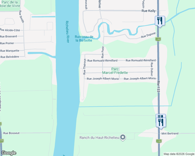 map of restaurants, bars, coffee shops, grocery stores, and more near 18 Rue Joseph-Albert-Morin in Saint-Jean-sur-Richelieu