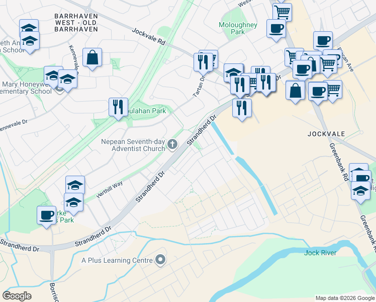 map of restaurants, bars, coffee shops, grocery stores, and more near 3857 Strandherd Drive in Ottawa