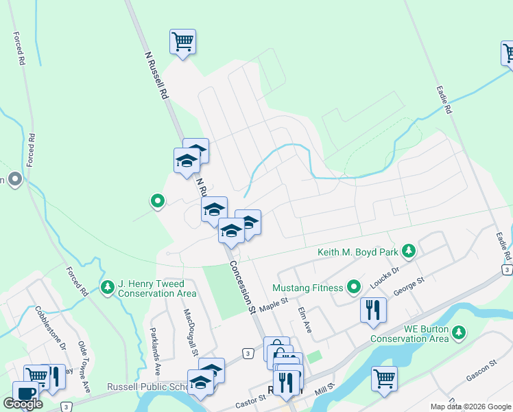 map of restaurants, bars, coffee shops, grocery stores, and more near 129 Boxcar Crescent in Russell