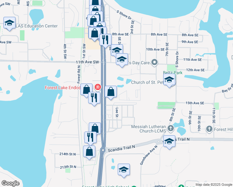 map of restaurants, bars, coffee shops, grocery stores, and more near 57 14th Avenue Southeast in Forest Lake