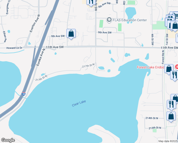 map of restaurants, bars, coffee shops, grocery stores, and more near 5225 217th Street North in Forest Lake