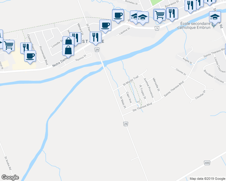 map of restaurants, bars, coffee shops, grocery stores, and more near 1277 Ste Marie Street in Embrun