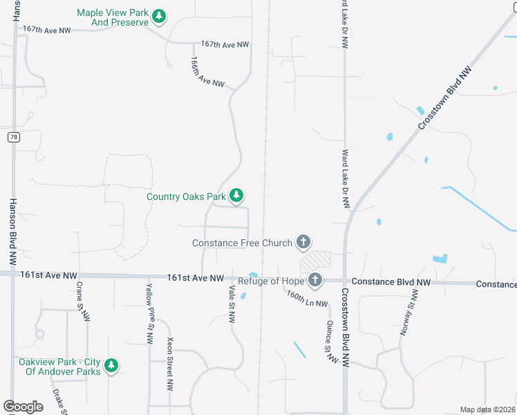 map of restaurants, bars, coffee shops, grocery stores, and more near 16239 Unity Street Northwest in Andover