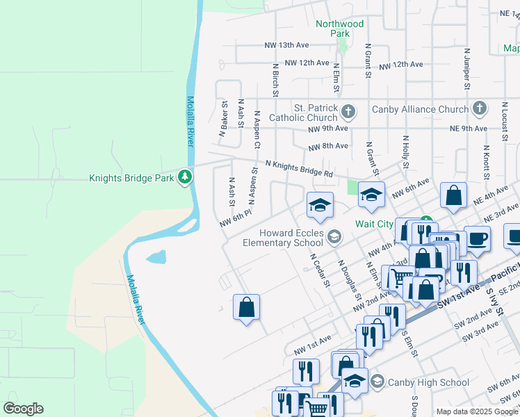 map of restaurants, bars, coffee shops, grocery stores, and more near 660 North Aspen Street in Canby