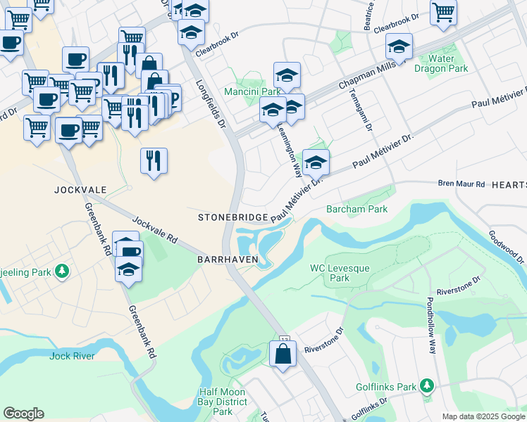 map of restaurants, bars, coffee shops, grocery stores, and more near 156 Garrity Crescent in Ottawa