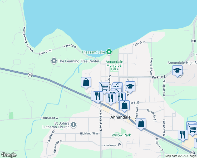 map of restaurants, bars, coffee shops, grocery stores, and more near 250 Excelsior Avenue North in Annandale