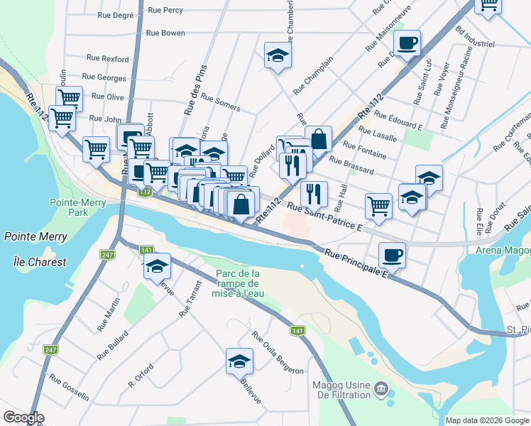 map of restaurants, bars, coffee shops, grocery stores, and more near 4480 Rue Sherbrooke in Magog