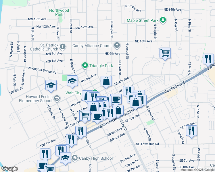 map of restaurants, bars, coffee shops, grocery stores, and more near 140 Northeast 4th Avenue in Canby