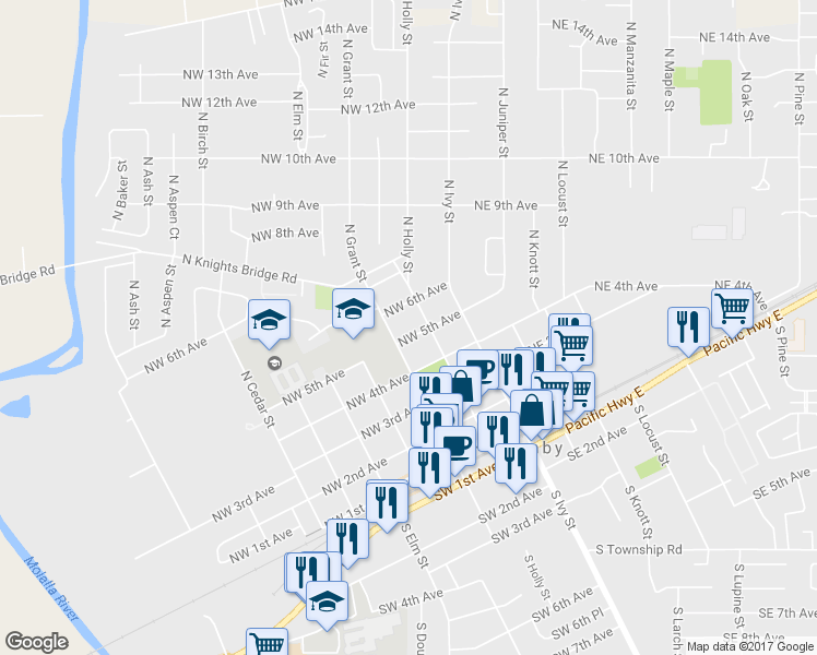 map of restaurants, bars, coffee shops, grocery stores, and more near 234 NW 5th Ave in Canby