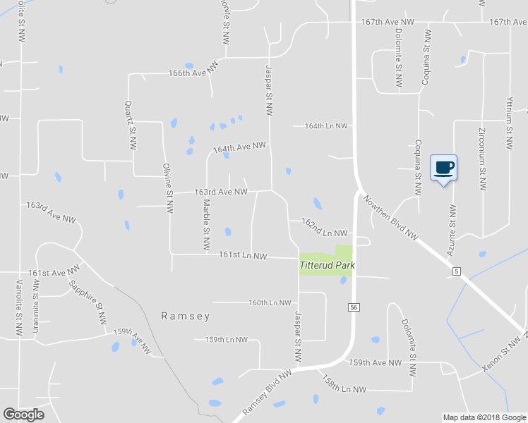 map of restaurants, bars, coffee shops, grocery stores, and more near 16237 Kamacite Street Northwest in Ramsey