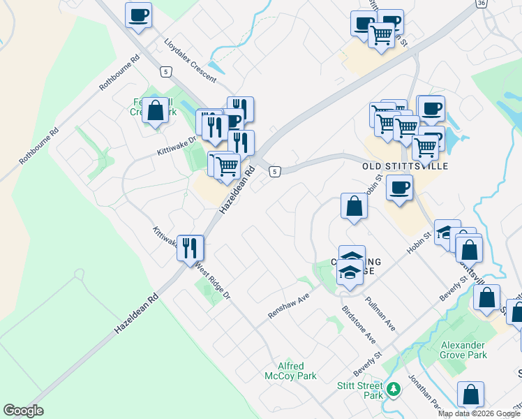 map of restaurants, bars, coffee shops, grocery stores, and more near 37 Kyle Avenue in Ottawa