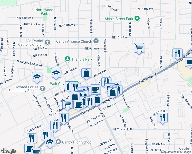 map of restaurants, bars, coffee shops, grocery stores, and more near 382 North Juniper Street in Canby