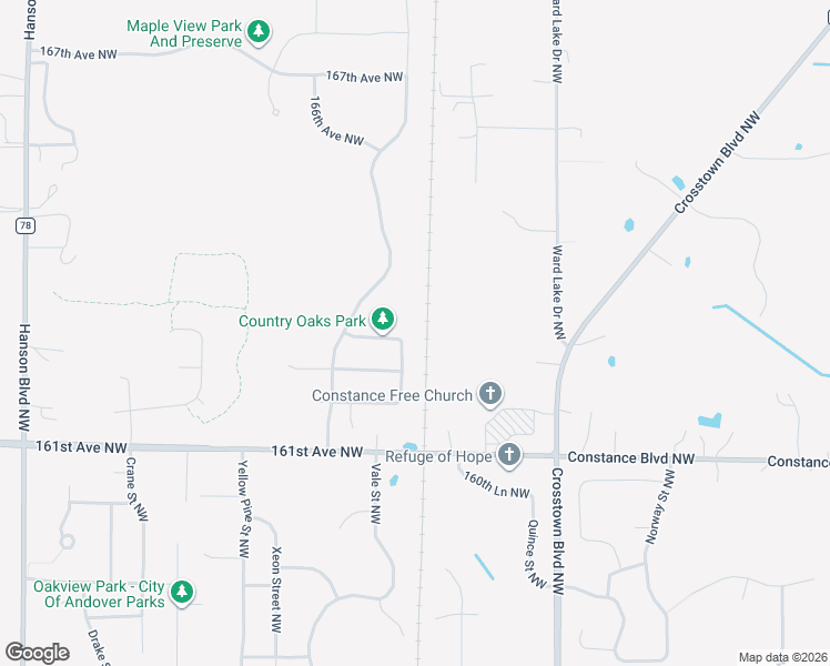map of restaurants, bars, coffee shops, grocery stores, and more near 16239 Unity Street Northwest in Andover