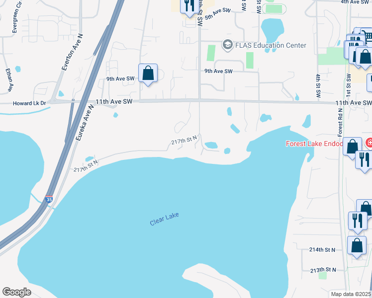 map of restaurants, bars, coffee shops, grocery stores, and more near 5225 217th Street North in Forest Lake