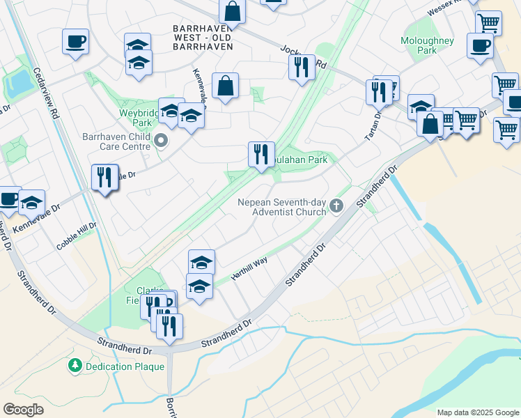 map of restaurants, bars, coffee shops, grocery stores, and more near Tartan Drive in Ottawa