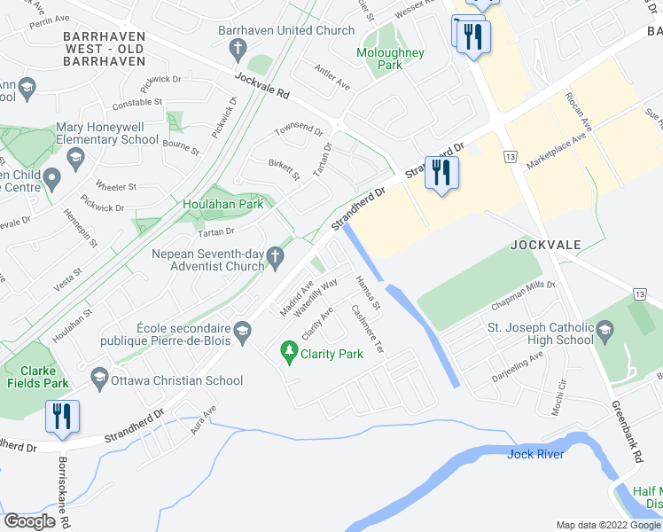 map of restaurants, bars, coffee shops, grocery stores, and more near 2105 Madrid Avenue in Ottawa