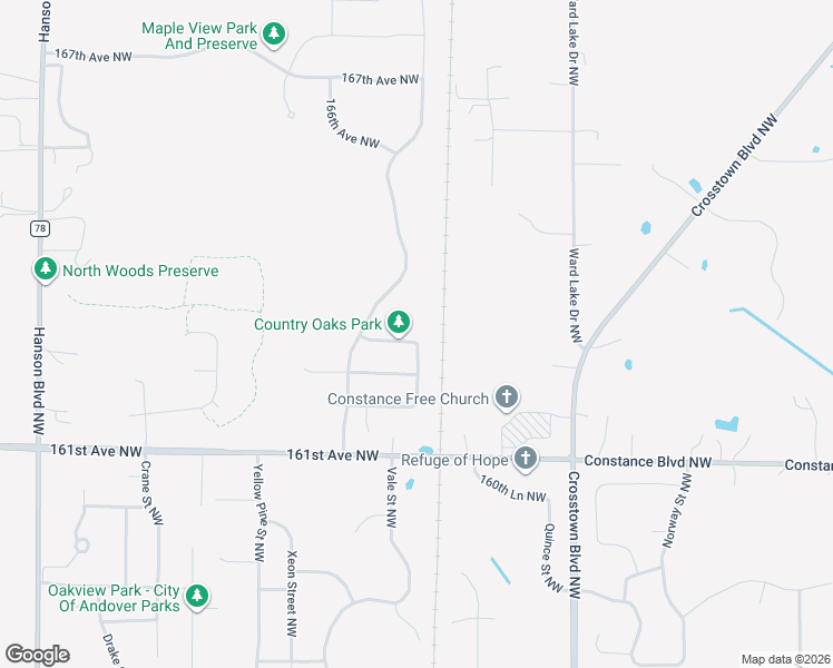 map of restaurants, bars, coffee shops, grocery stores, and more near 1045 162nd Lane Northwest in Andover