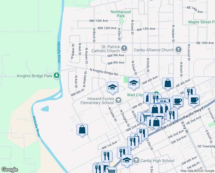 map of restaurants, bars, coffee shops, grocery stores, and more near 628 Dahla Place in Canby