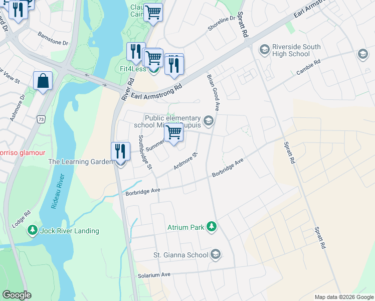 map of restaurants, bars, coffee shops, grocery stores, and more near 424 Golden Springs Drive in Ottawa