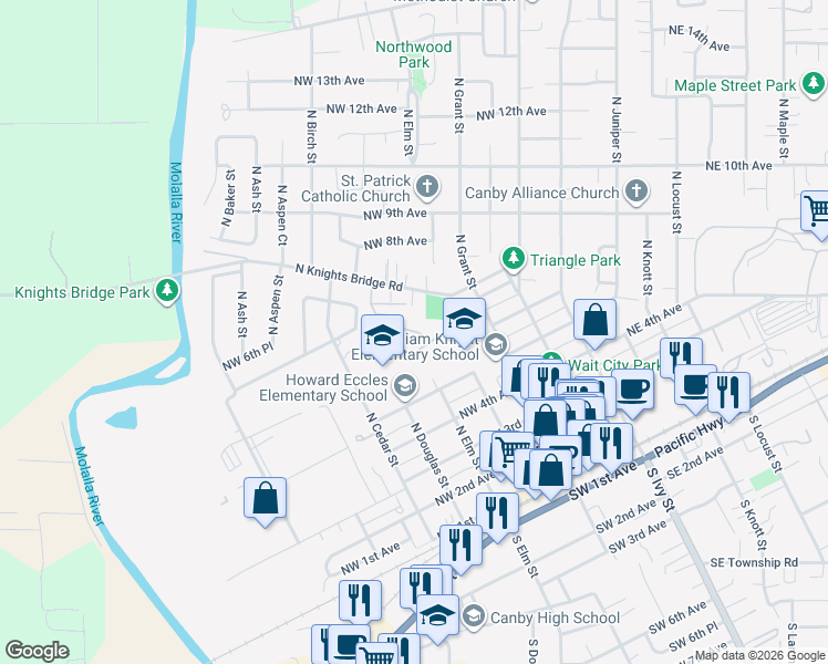 map of restaurants, bars, coffee shops, grocery stores, and more near 488 Northwest 6th Avenue in Canby