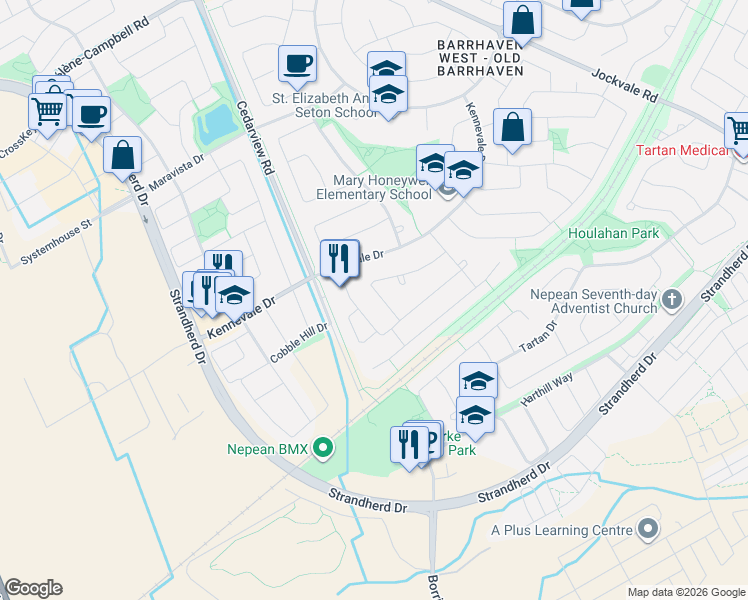 map of restaurants, bars, coffee shops, grocery stores, and more near 53 Sarrazin Way in Ottawa