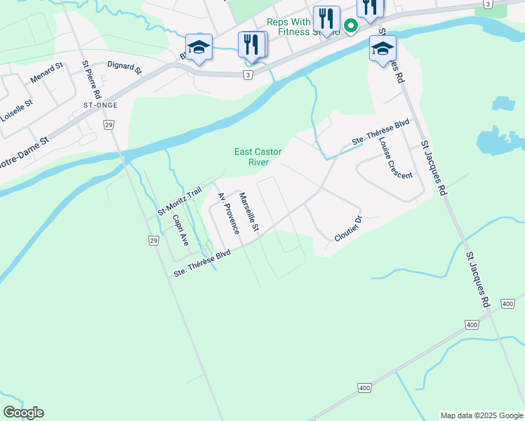 map of restaurants, bars, coffee shops, grocery stores, and more near 619 Geneva Crescent in Embrun