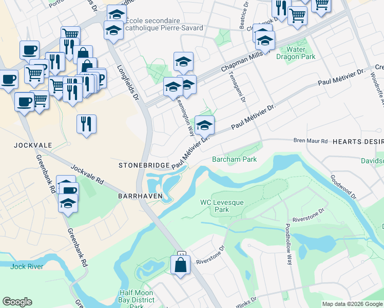 map of restaurants, bars, coffee shops, grocery stores, and more near 685 Paul Métivier Drive in Ottawa